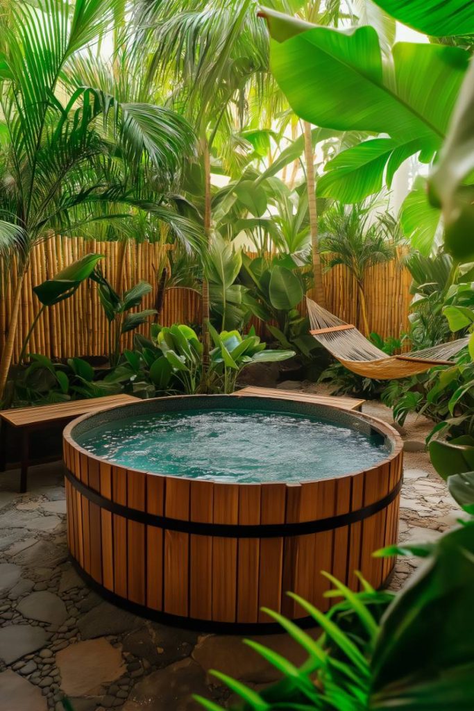 Wooden slatted pool in a tropical garden with lush greenery and a hammock.