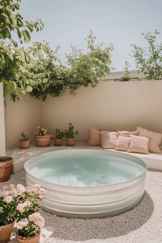 A tranquil outdoor space with a round storage basin surrounded by potted plants and a cozy seating area.