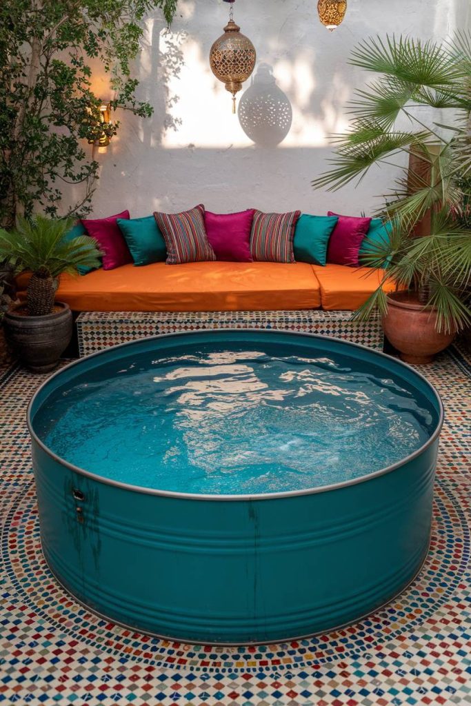 Cozy patio with a colorful upholstered bench, patterned tiles, a small storage basin and hanging lanterns.