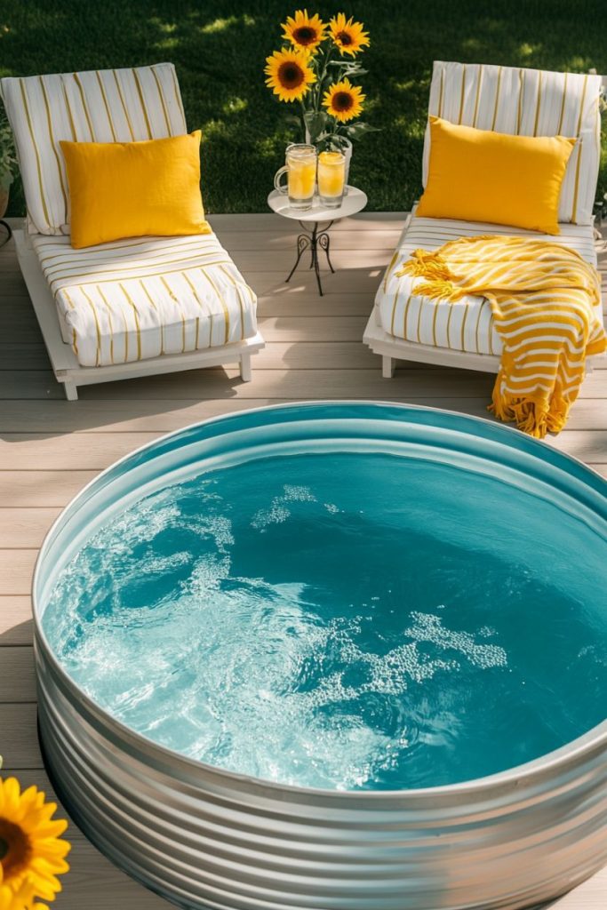 Stock tank pool with two striped lounge chairs, yellow accents and sunflowers on a sunny day.