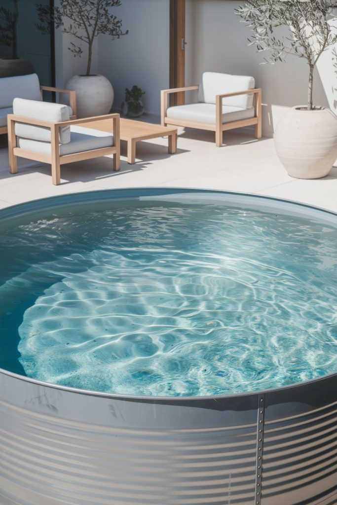 Storage basin with rippling water flanked by modern patio furniture and potted plants.