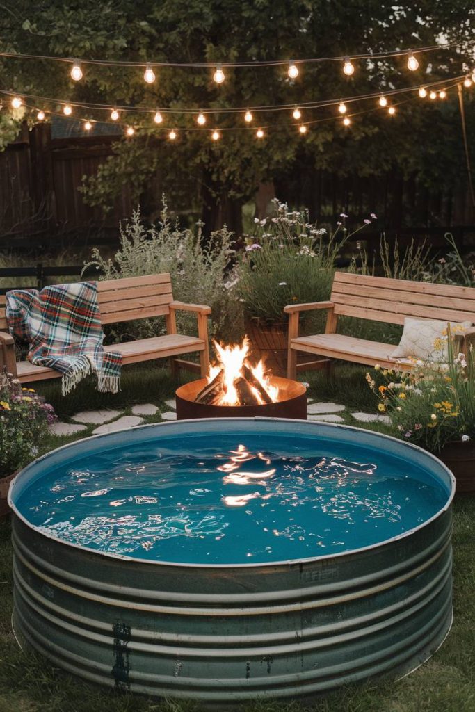 Cozy backyard with fairy lights, a fire pit, wooden benches and a storage tank