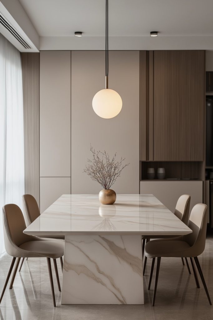 A minimalist dining room with a marble table, tan chairs and a single pendant light.