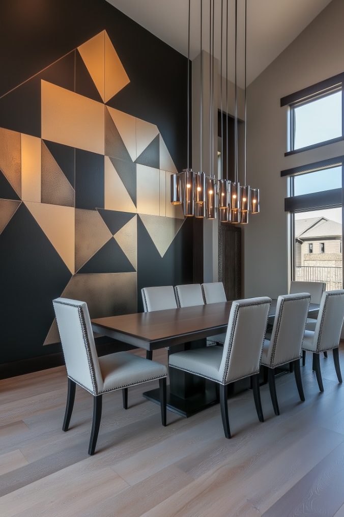 Modern dining room with geometric wall design, pendant lights and stylish chairs.