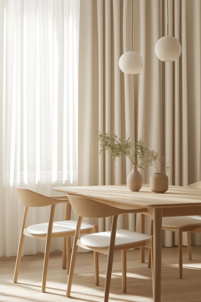 A minimalist dining room with sheer curtains, a wooden table, chairs, pendant lights and vases.