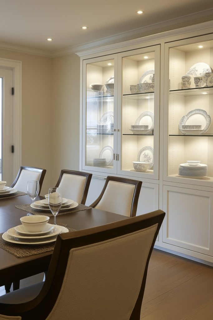 Elegant dining room with a set table for four people and an illuminated display case with porcelain items.