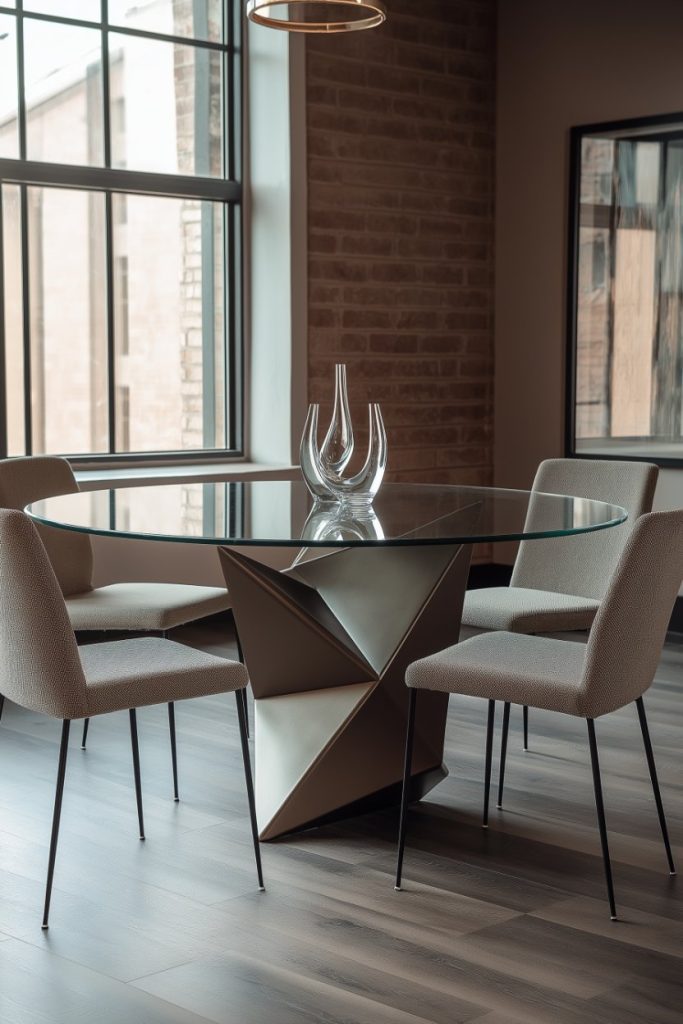 Modern dining room with a glass table, a unique geometric base, four beige chairs and a decorative vase.