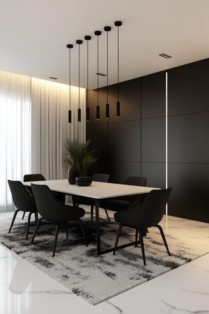 Modern dining room with black chairs, white table, pendant lights and a black wall.