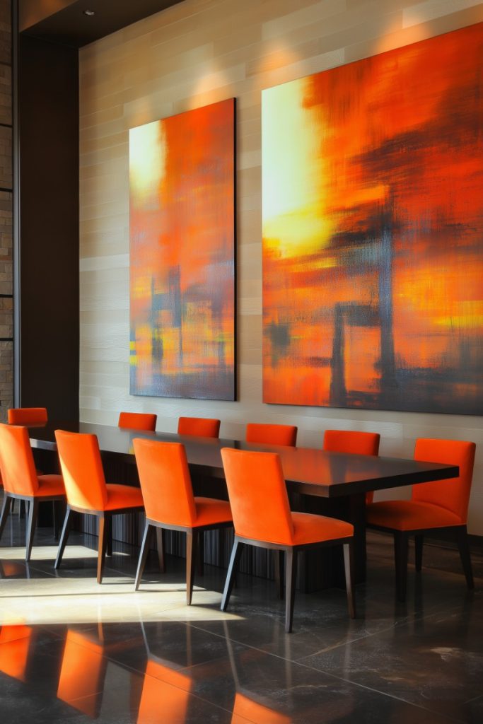 Modern dining area with bright orange chairs and abstract wall art in warm tones.