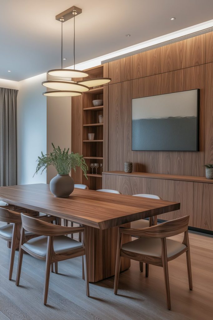 Modern dining room with wooden table and chairs, pendant lights and wall-mounted TV.