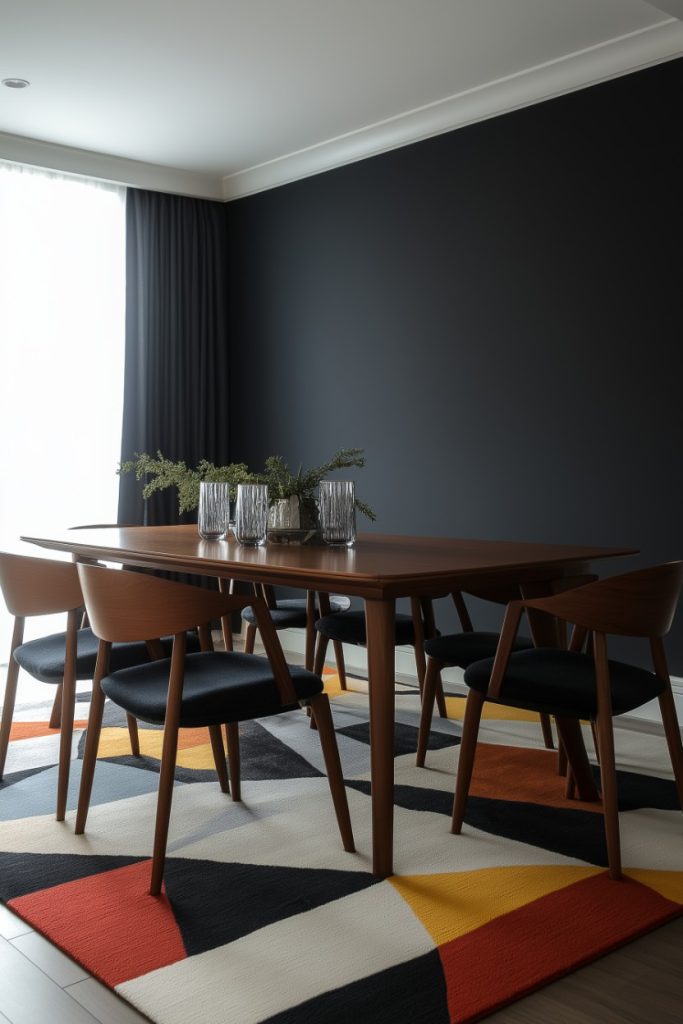 Modern dining room with a dark wall, wooden table, black chairs and a colorful geometric rug.