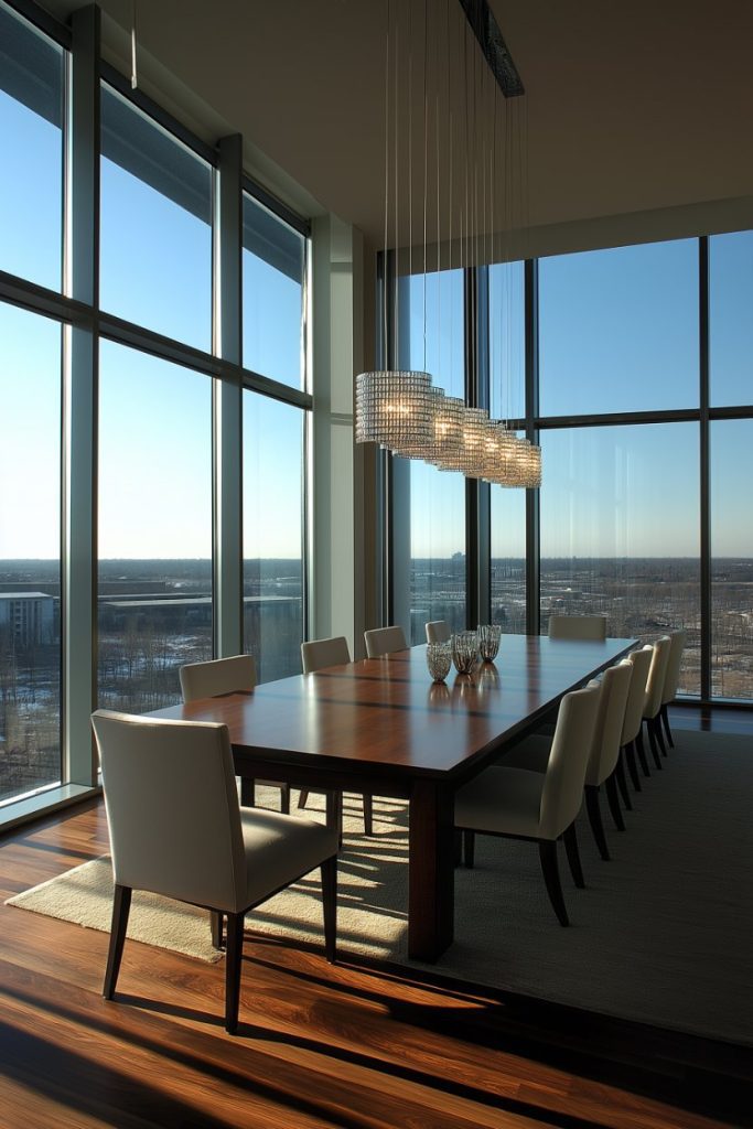 Modern boardroom with large windows with panoramic views, a long table, chairs and a hanging lamp.