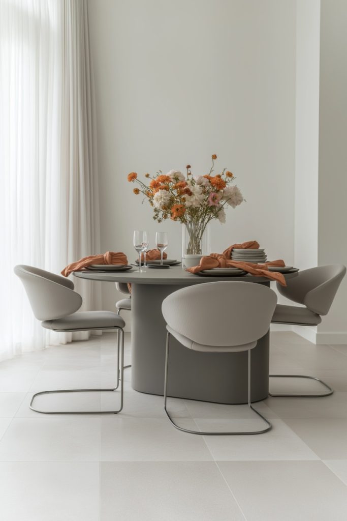 Modern dining room with a round table, elegant chairs and a bouquet of flowers.