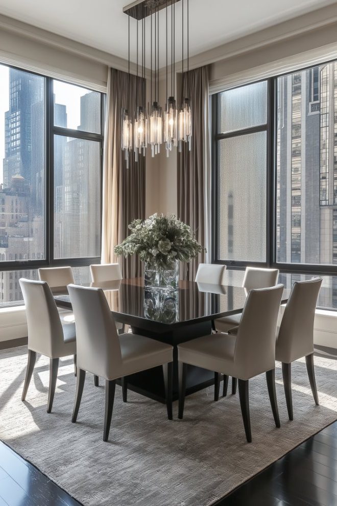 Modern dining room with city view, rectangular table, chairs and pendant lamp.