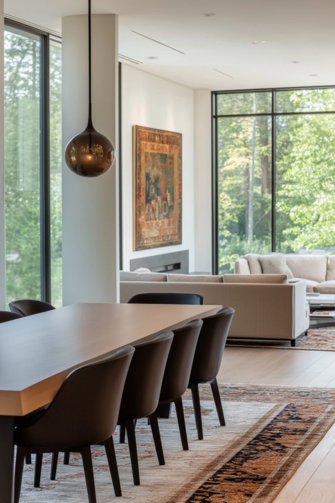 Modern dining room with wooden table, chairs, pendant lamp and painting, overlooking a living area and trees outside.