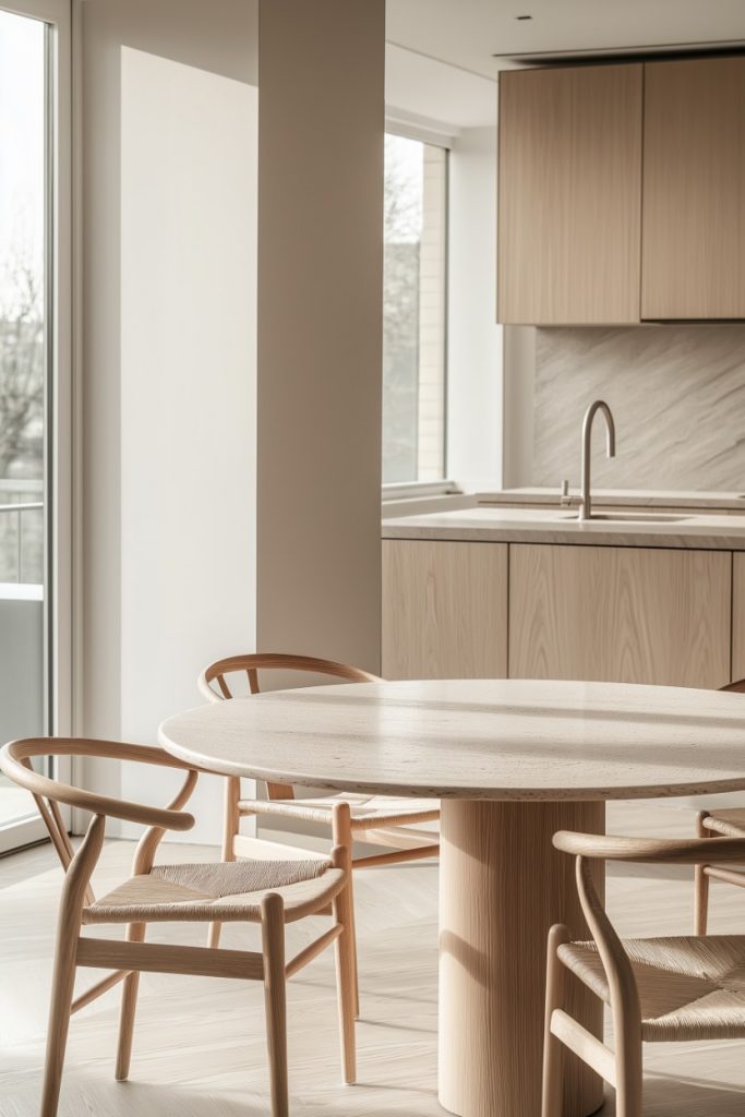 Modern kitchen with wooden cabinets, round table and chairs, flooded with natural light.