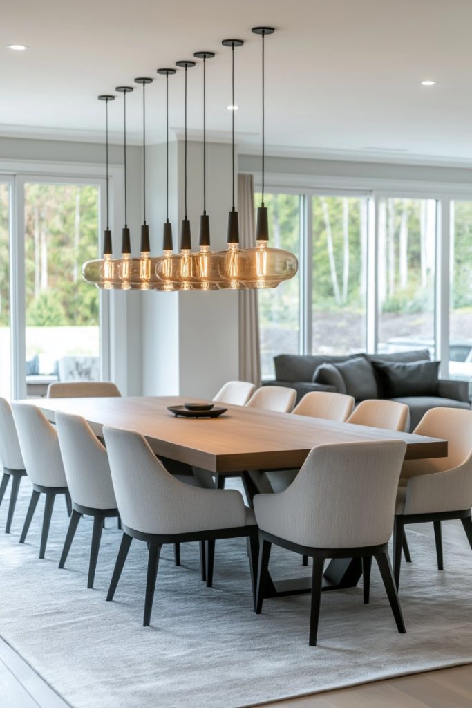 Modern dining room with large wooden table, beige chairs and pendant lights.