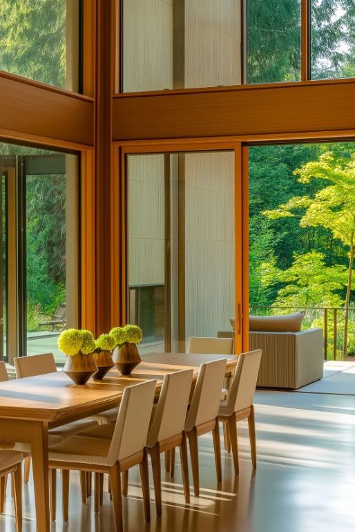 Modern dining room with large windows overlooking the forest and a wooden table and white chairs.