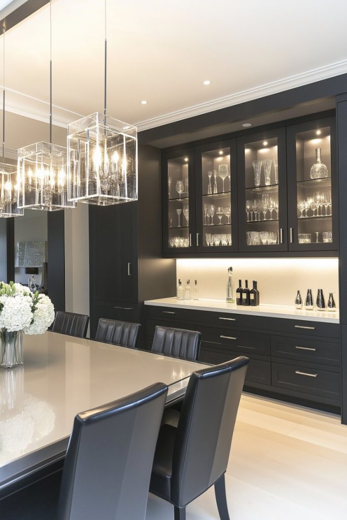 Modern kitchen with black cabinets, glass chandeliers and a dining table with leather chairs.