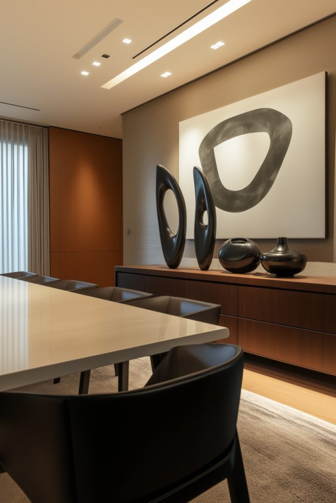 Modern meeting room with abstract wall art, wooden cabinets and a conference table with black chairs.