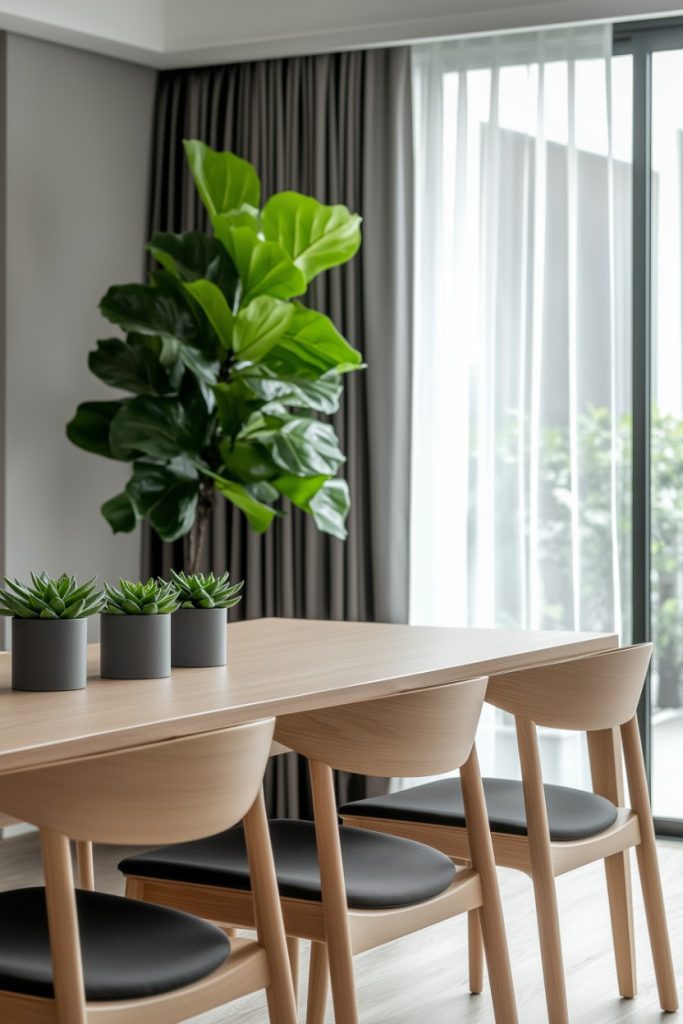 Modern dining area with wooden table, chairs and plant decor near a window with sheer curtains.