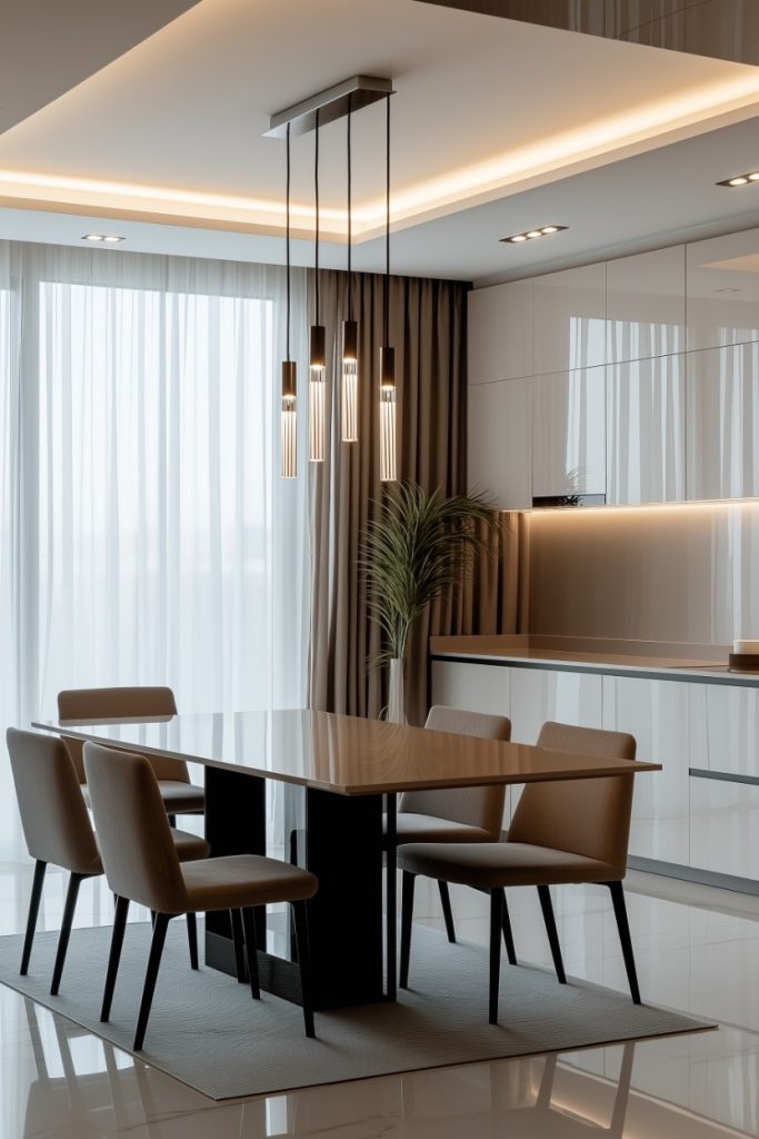 Modern dining room with wooden table, six chairs, pendant lights and ambient lighting.