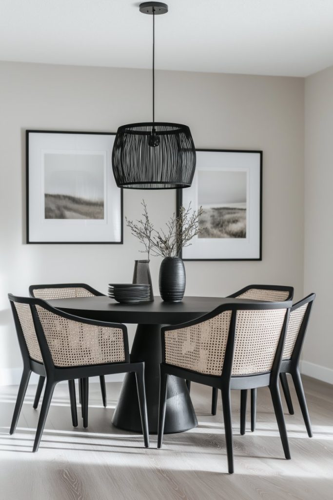 Modern dining room with black table and chairs, pendant light and framed wall art.