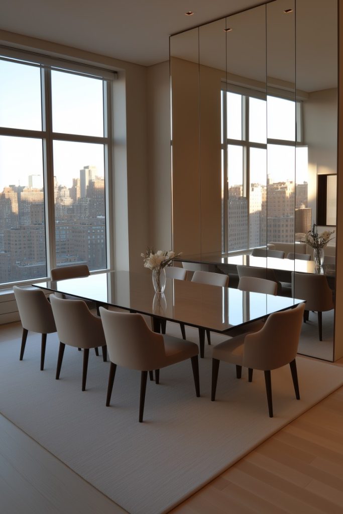 Modern dining room with large windows overlooking the city landscape at sunset.