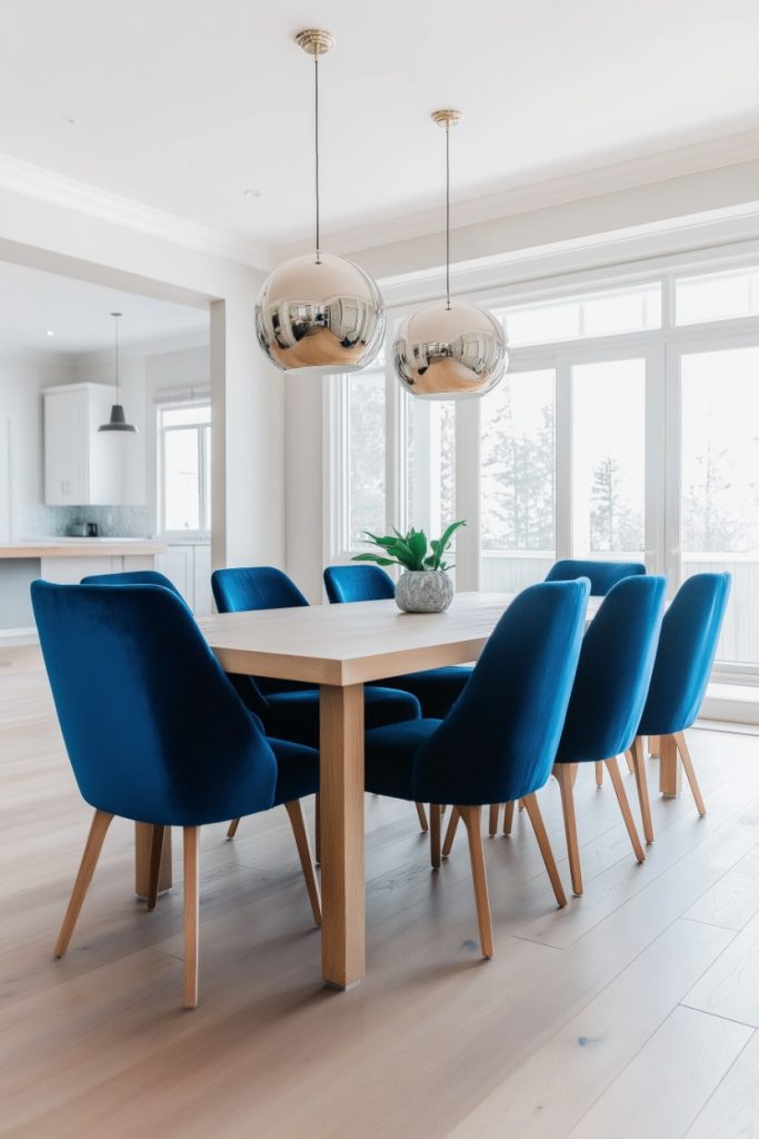 Modern dining room with blue chairs, wooden table and spherical pendant lights.