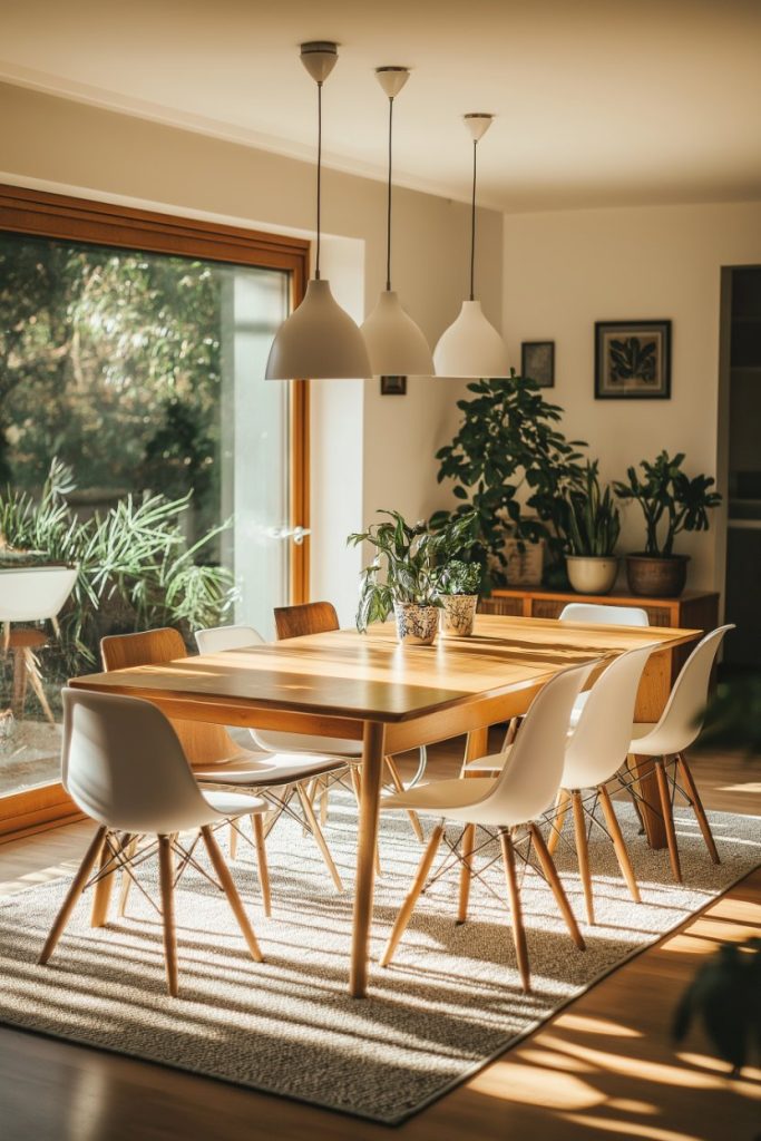 A sunny dining room with a wooden table, white chairs, pendant lights and plants by the window.