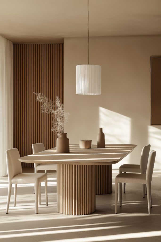 Modern dining room with beige furniture and a pendant lamp bathed in soft natural light.