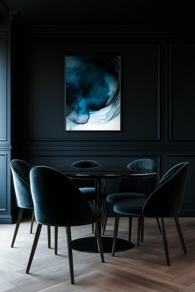 Elegant dining room with dark walls, abstract artwork and plush velvet chairs around a round table.