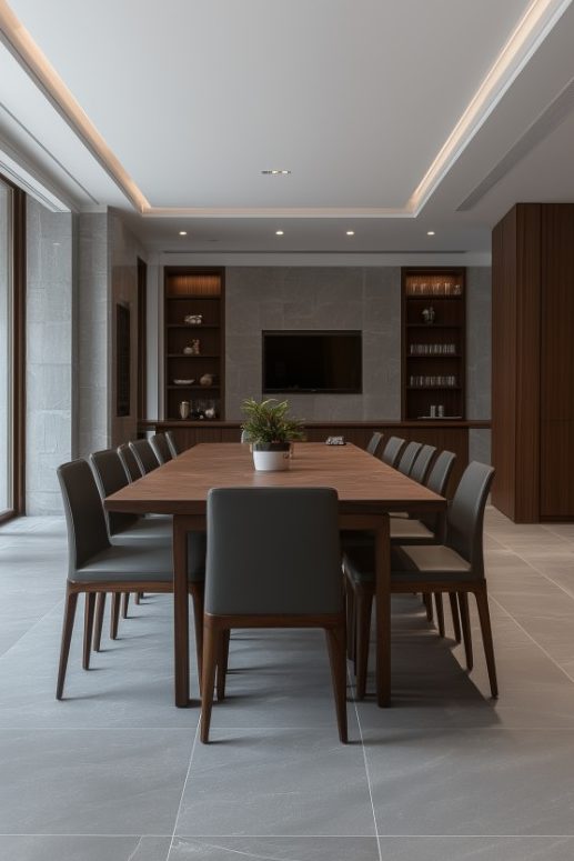 Modern dining room with a large table, chairs and a kitchen area in the background.