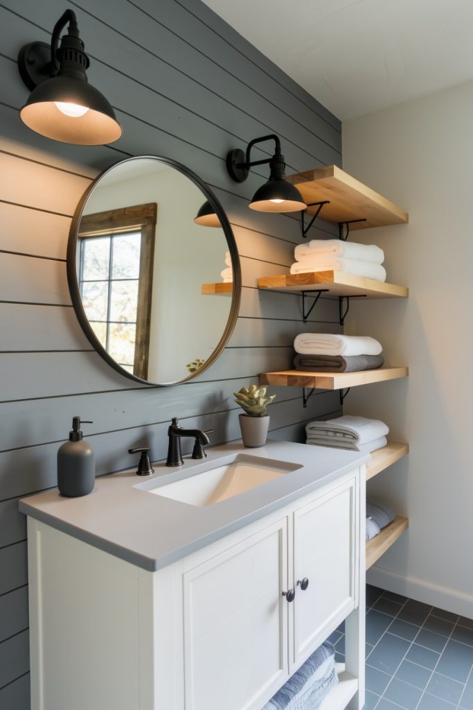 Bathroom with a round mirror, wall lights, wooden shelves with folded towels, a potted plant and a white vanity with a gray countertop.