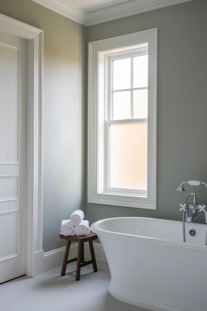 A bathroom with a white freestanding bathtub, a small stool with rolled up towels and a window with white trim.