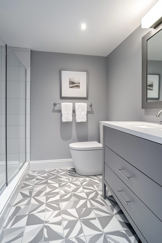 Modern bathroom with glass shower, gray vanity and geometric tiled floor. Two towels hang on a rack above the toilet and a framed picture hangs on the wall.