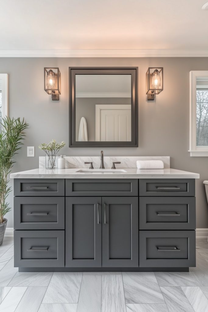 A modern bathroom with a dark vanity, rectangular mirror and two wall lights. There is a small plant and a neatly folded towel on the countertop. Light gray walls and floor tiles in a herringbone pattern.