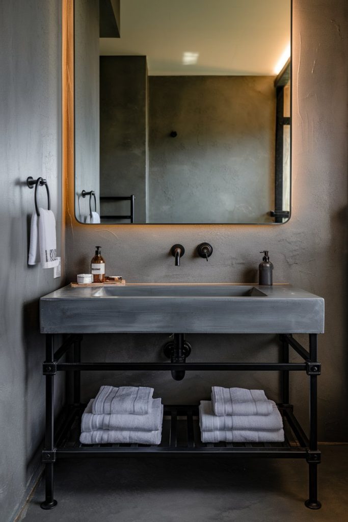 A modern bathroom with a concrete sink, wall fixtures, large mirror, towels on a shelf below and toiletries on the counter.