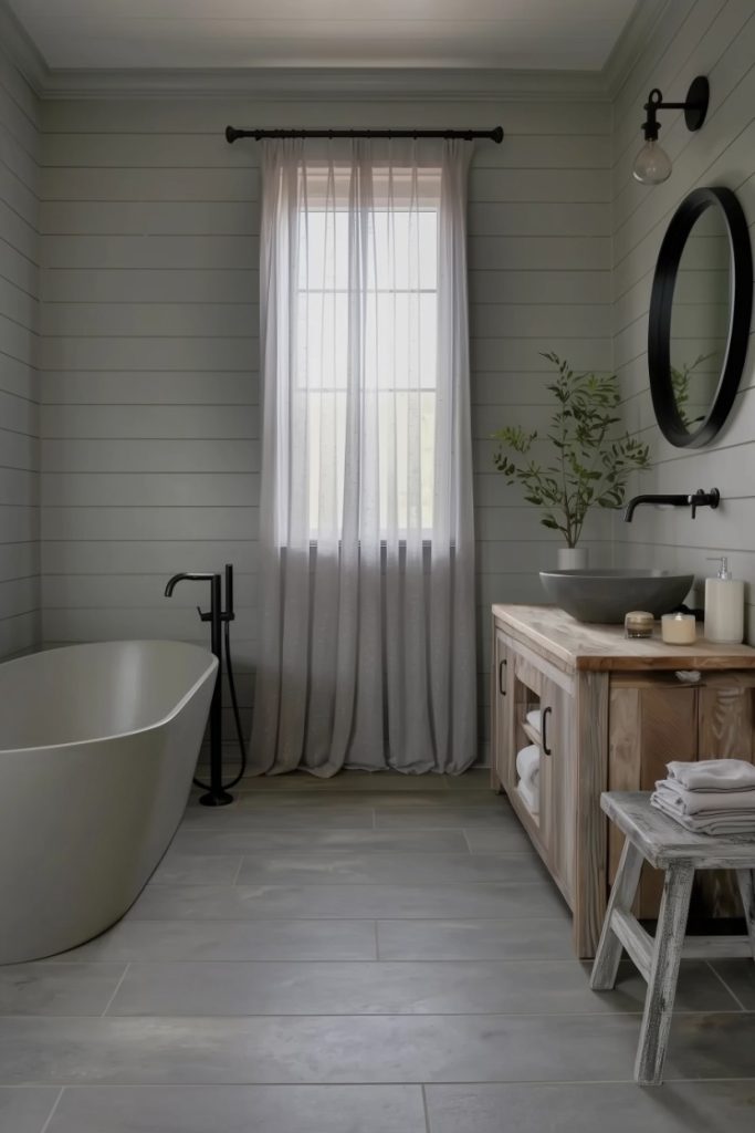 A bathroom with a freestanding bathtub, a wooden vanity with a round mirror, a potted plant and a window with curtains. Folded towels lie on a stool. Walls and floor have a gray tone.