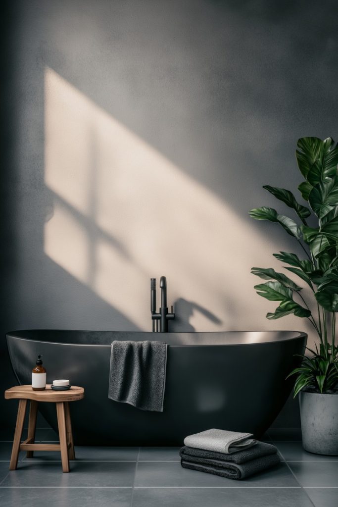 A modern bathroom features a black freestanding bathtub with towels, a plant and a small wooden stool with toiletries on a tiled floor. Sunlight streams in and casts shadows on the wall.