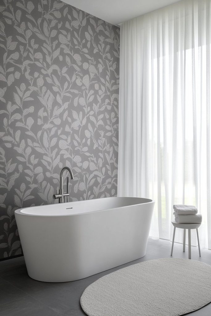 A modern bathroom features a white freestanding bathtub, patterned gray wallpaper and sheer curtains. There is a small stack of towels on a stool and a textured oval rug on the floor.