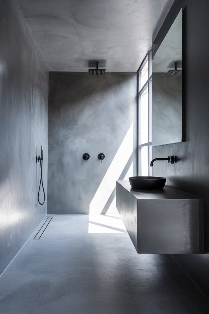 Minimalist bathroom in a concrete design with a wall-mounted sink, black fixtures, a large mirror and a walk-in shower with a rain shower head. Natural light comes in through a window.