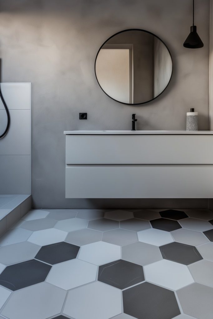 Modern bathroom with a round mirror above a white vanity, geometric hexagonal floor tiles in gray tones and a pendant light.