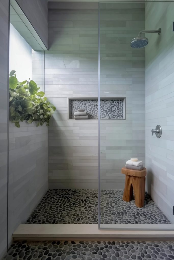 Modern shower with pebble floor, glass door, wall niche with towels, wooden stool, overhead shower and hanging plant.