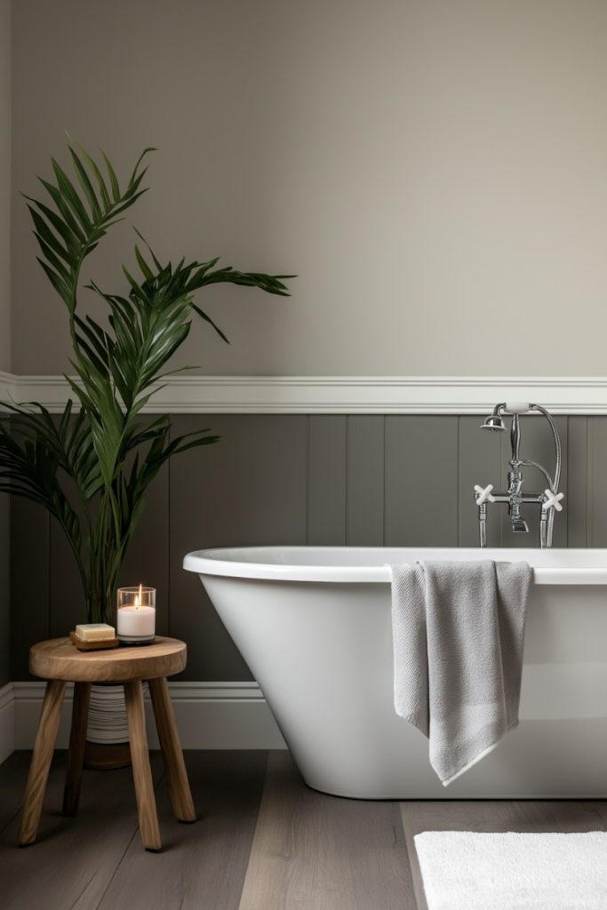 A bathroom with a white freestanding bathtub, a gray towel, a wooden stool with a lit candle and soap and a potted plant on a wooden floor.