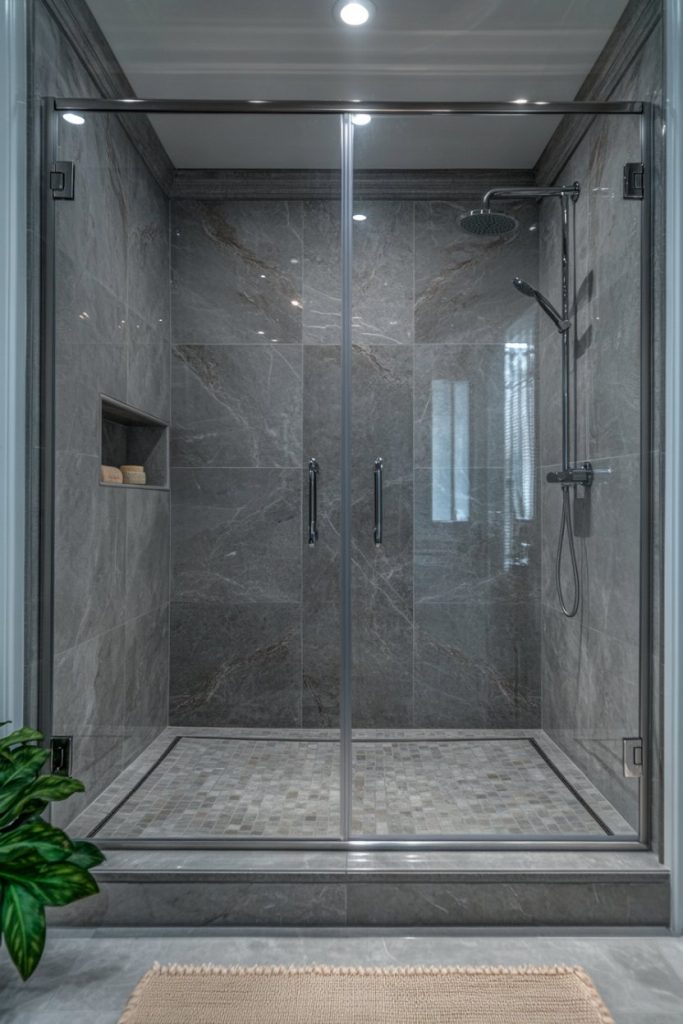 A modern glass-enclosed shower with gray tiles, a rainfall shower head and a built-in shelf. A plant can partially be seen in the foreground.