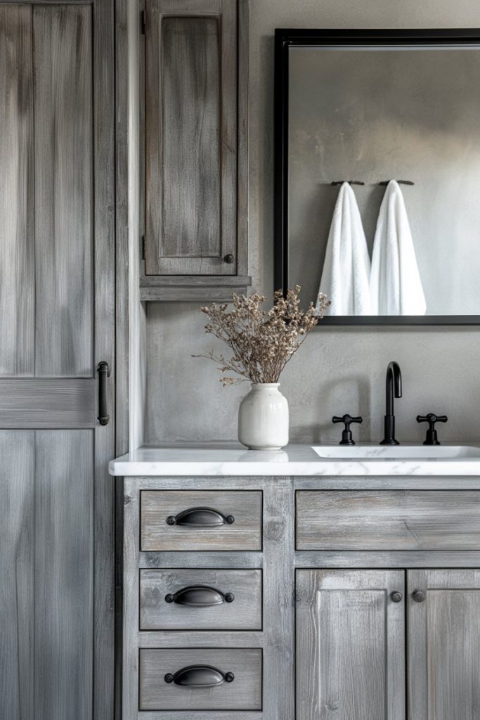 A rustic bathroom features wooden cabinets, a marble countertop with a black faucet, a large mirror with hanging towels, and a vase of dried flowers.