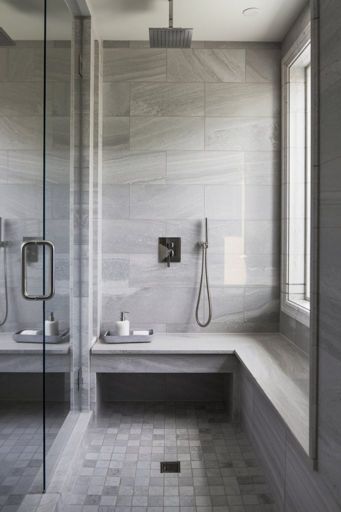 Modern bathroom with glass-enclosed shower, gray tiled walls and floor, built-in bench, rain shower head and window.