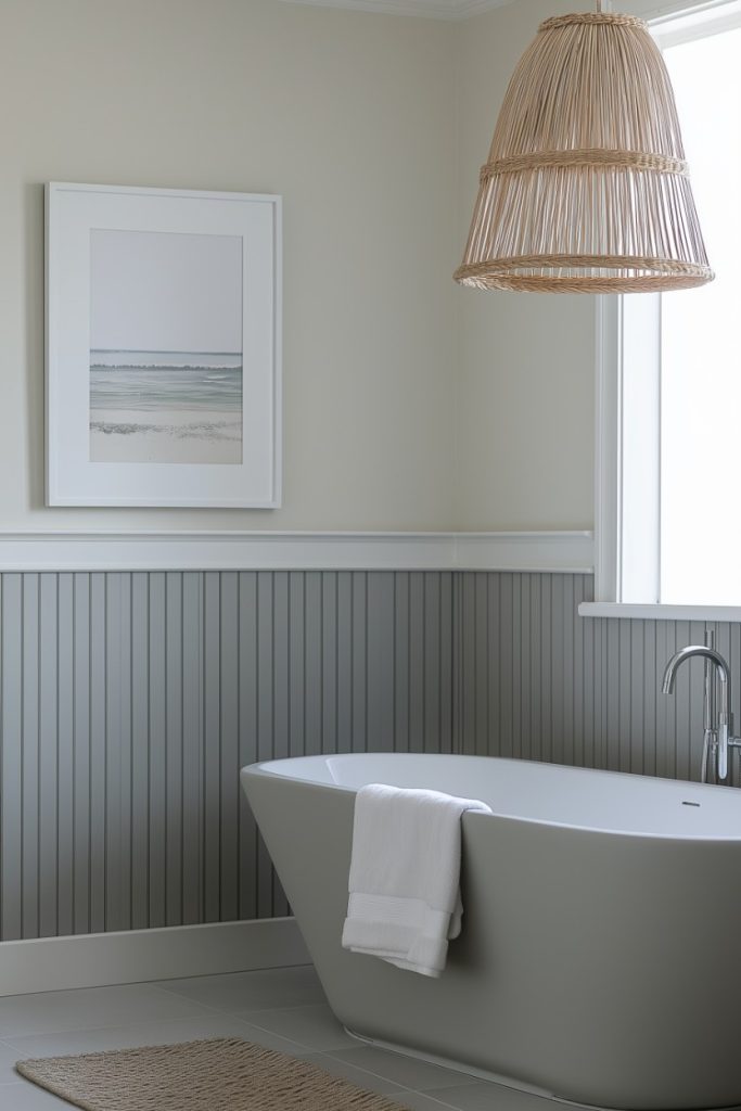 A minimalist bathroom with a freestanding tub, wicker lamp and framed marine artwork. The wall is paneled in gray and a towel hangs over the edge of the tub.