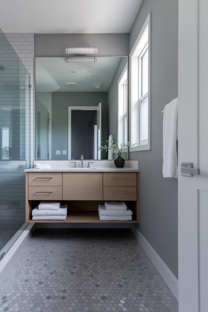 Modern bathroom with glass shower, wooden vanity unit with sink and large mirror above. Two windows provide natural light and towels are neatly placed on the shelf below.